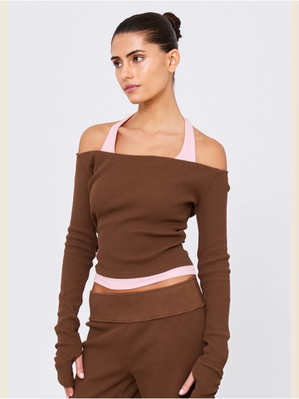 Phe phe Off-Shoulder Ribbed Top in Chocolate Brown with Pink Tank Detail